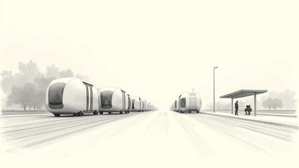 Concept sketch showing the mismatch between dense urban autonomous deployment and underserved rural mobility